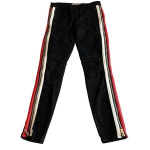PREME Mens 32x32 Black Distressed Moto Skinny Jeans Red White Side Stripe Zipper